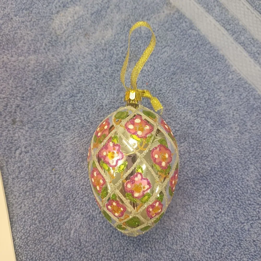 Vintage Glass Easter Egg Ornament‎ Pink Floral Hand Painted Holiday Decoration